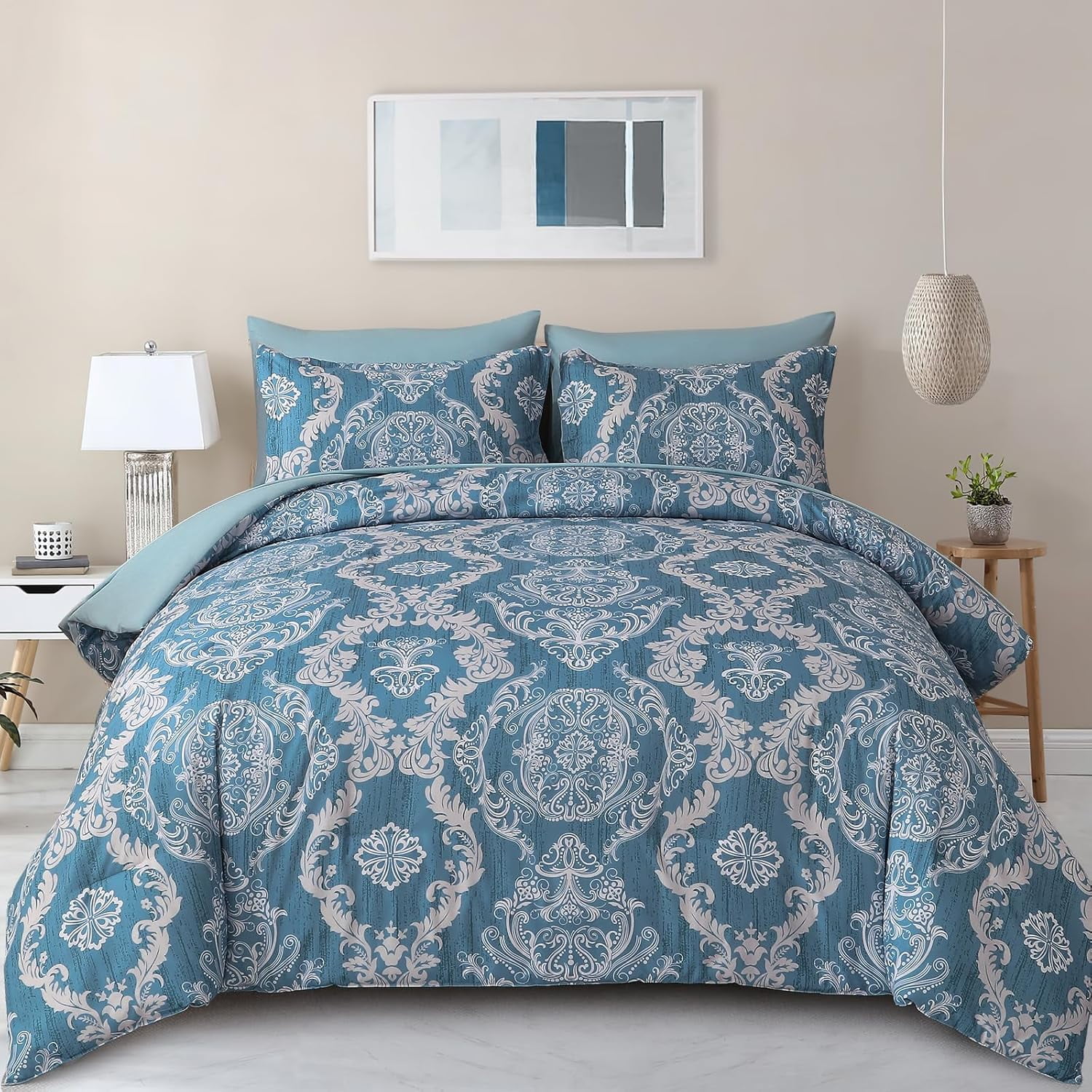 King Size Light Blue Damask Microfiber Bed in a Bag Set