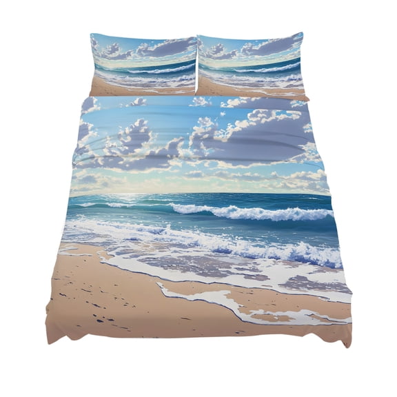 King Size Blue Ocean Sheet Sets Waves Beach Cloudy Sky Nature Seaside Scenery Soft Breathable Microfiber Bed Sheets Deep Pockets 4 Piece Bed Sheets Set, 1 Fitted Sheet, 1 Flat Sheet & 2 Pillowcases