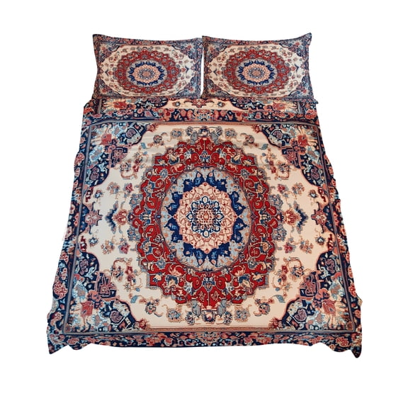 King Size Blue Red Floral Sheet Sets Ethnic Oriental Retro Vintage Soft Breathable Microfiber Bed Sheets Deep Pockets 4 Piece Bed Sheets Set, 1 Fitted Sheet, 1 Flat Sheet & 2 Pillowcases