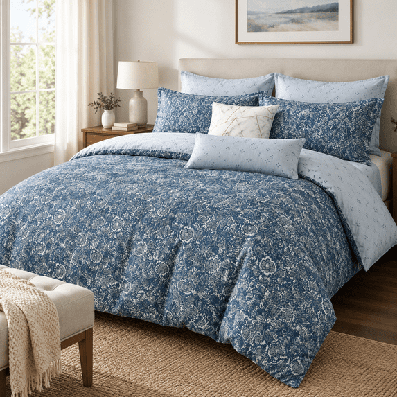 King Size Blue Reversible Paisley Duvet Cover Set with Pillow Shams ...