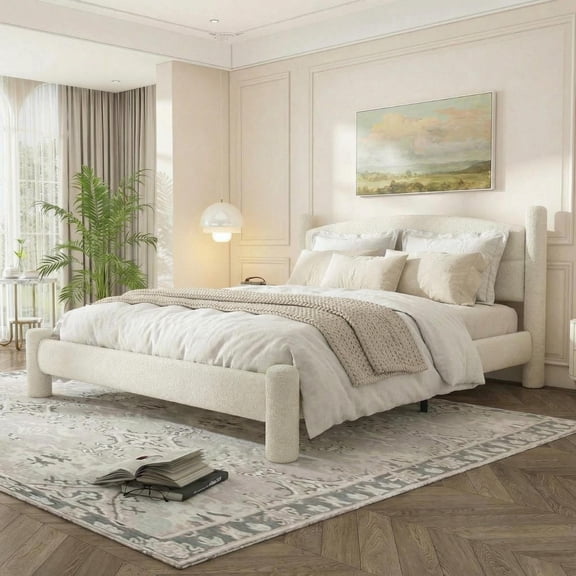 King Size Boucl Bed Frame, Soft Rounded Headboard, Upholstered Platform, Cylindrical Legs, Quiet & Sturdy, No Box Spring Required