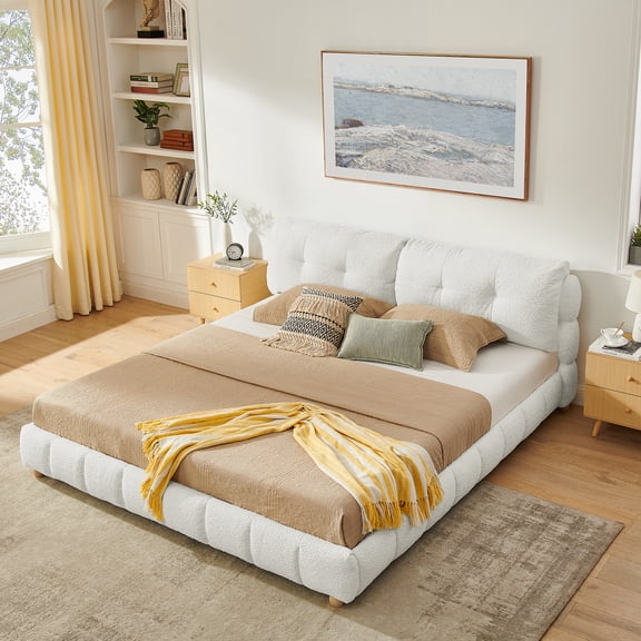King Size Boucl Fabric Platform Bed, Soft Cloud Upholstered Frame with Solid Wood Legs, No Box Spring Needed, Cream