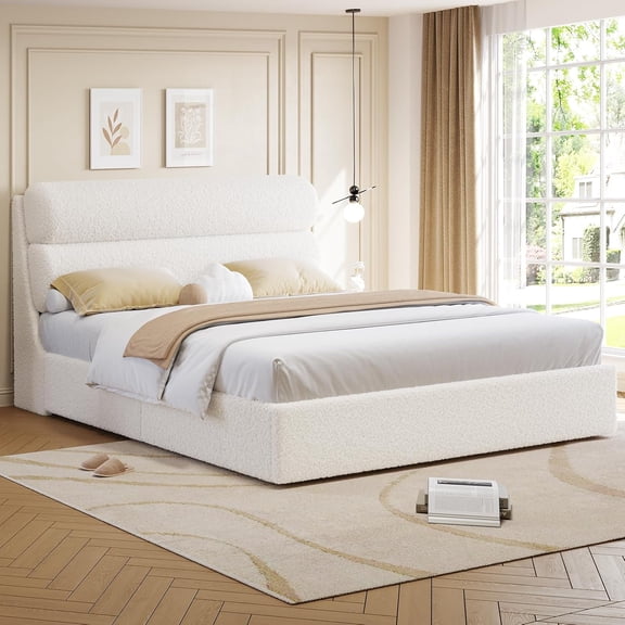 King Size Boucle Bed Frame with Upholstered Headboard,Soft Cloud Bed with Wood Slats Platform,No Box Spring Needed, Easy Assembly, Cloud-Like Comfort,Cream