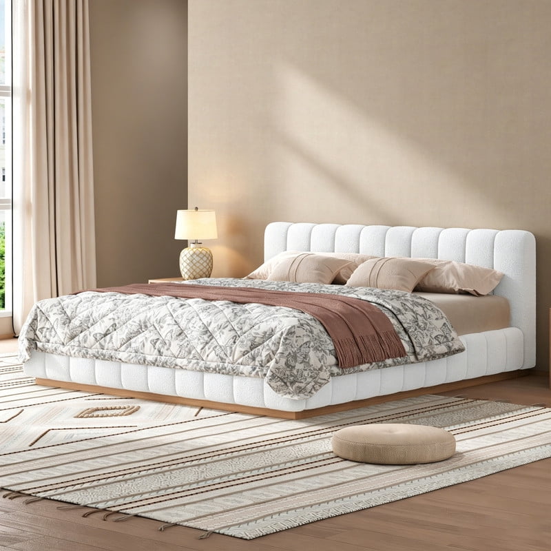 King Size Boucle Upholstered Bed Frame, Low Profile Wooden Platform Bed, No Box Spring Needed Floor Bed with Padded Headboard