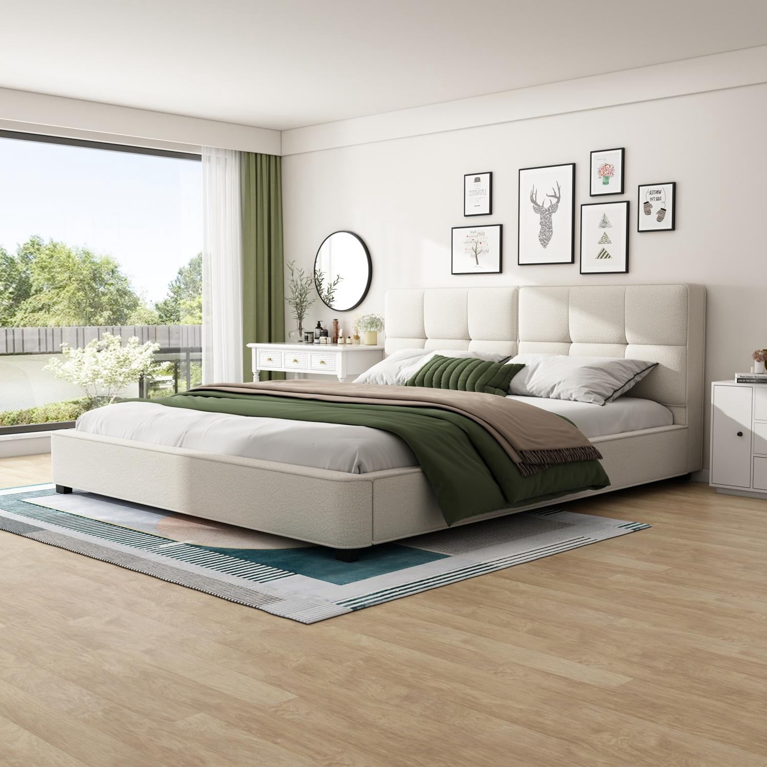 King Size Boucle Upholstered Bed Frame, Platform Bed with Curved Tufted Headboard & Soft Square Corners for Bedroom, Beige