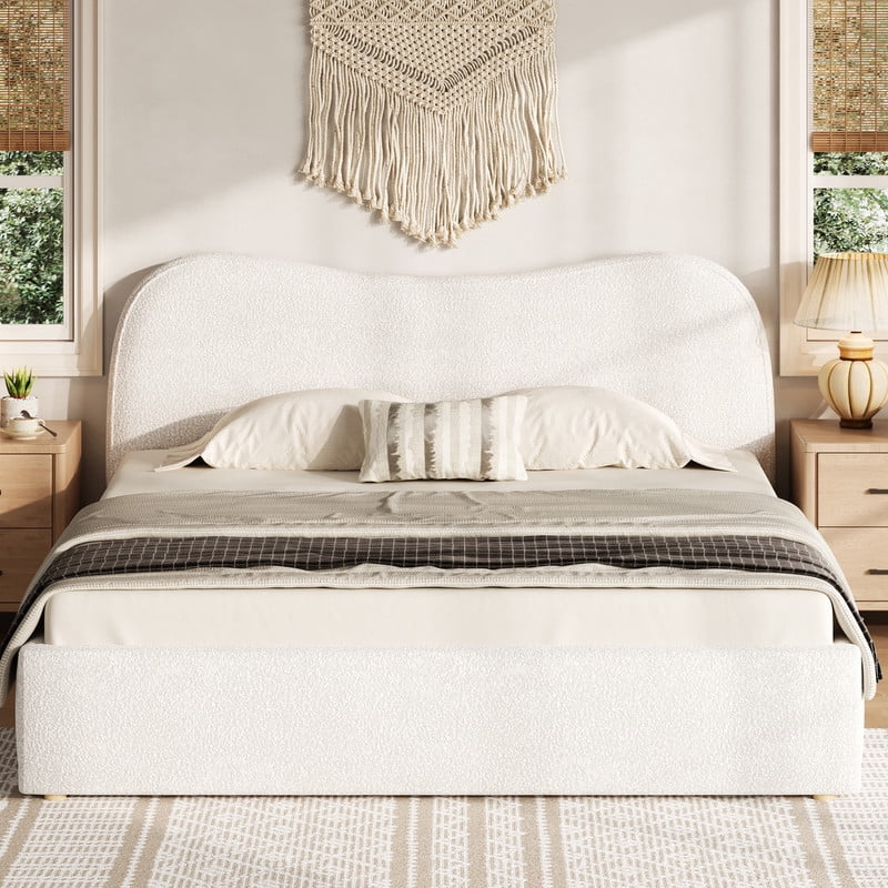 King Size Boucle Upholstered Platform Bed with Wooden Slats, Short Legs Low-Profile Bed Frame with Curved Headboard