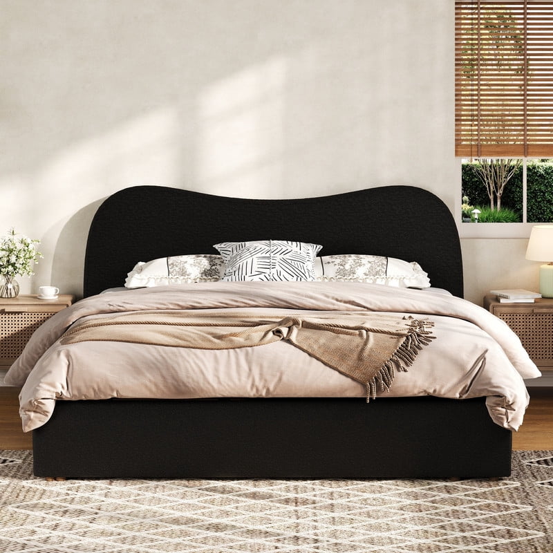 King Size Boucle Upholstered Platform Bed with Wooden Slats, Short Legs Low-Profile Bed Frame with Curved Headboard