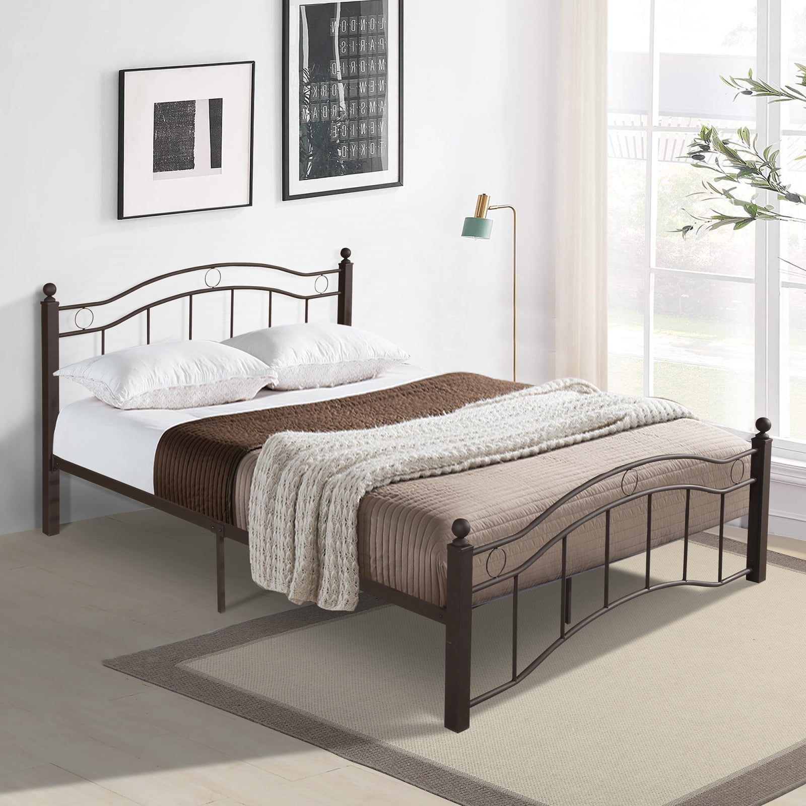 King Size Bronze Metal Bed Frame with Decorative Headboard and