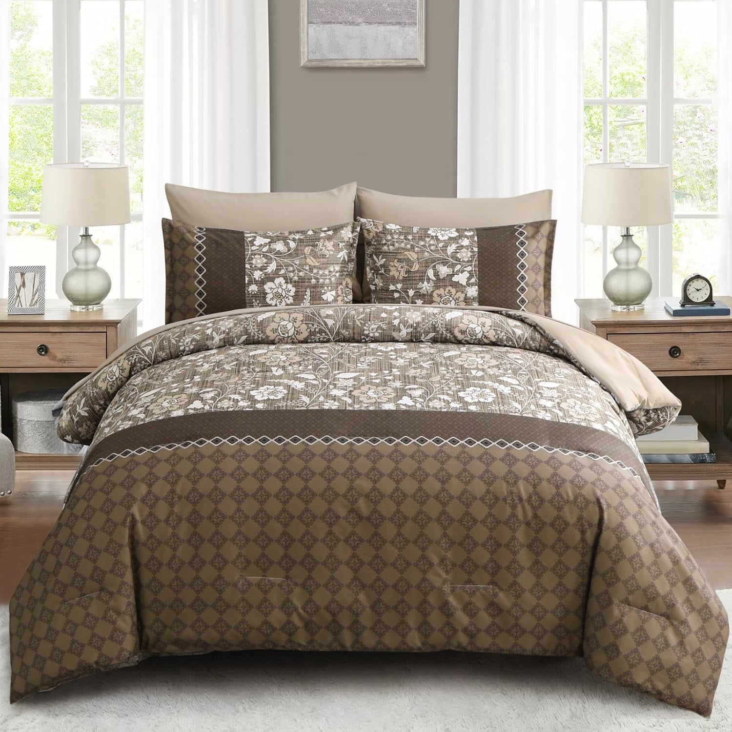 King Size Brown Comforter Set, 7 Piece Bed in a Bag with Floral ...