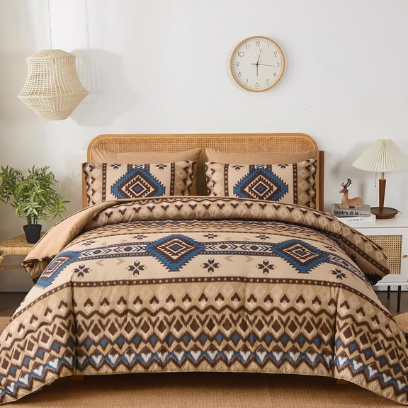 King Size Brown Comforter Set, 7 Pieces Boho Aztec Bed in a Bag, All-Season Bedding Set with Sheets & Pillow Shams, Bohemian Geometric Striped Pattern