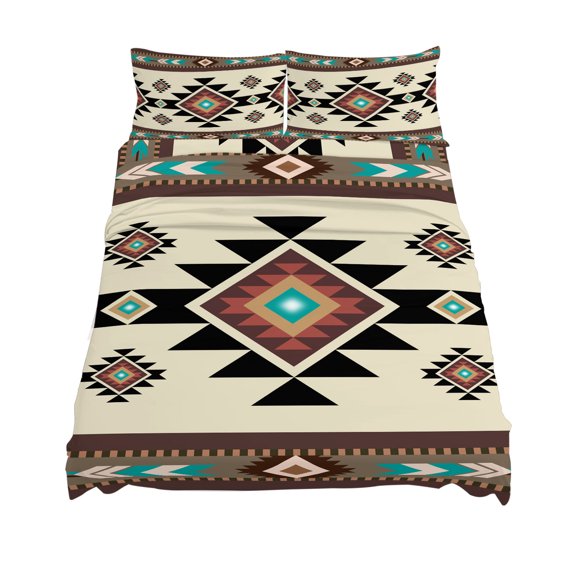 King Size Brown Ethnic Pattern Sheet Sets Retro Bohemian Square Abstract Geometric Soft Breathable Microfiber Bed Sheets 4 Piece Bed Sheets Set, 1 Fitted Sheet, 1 Flat Sheet & 2 Pillowcases