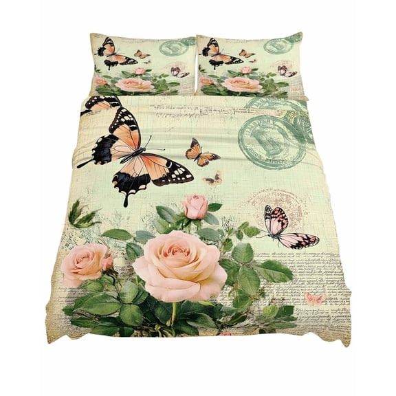 King Size Butterfly Rose Sheet Sets Vintage Old Newspaper Soft Breathable Microfiber Bed Sheets Deep Pockets 4 Piece Bed Sheets Set, 1 Fitted Sheet, 1 Flat Sheet & 2 Pillowcases