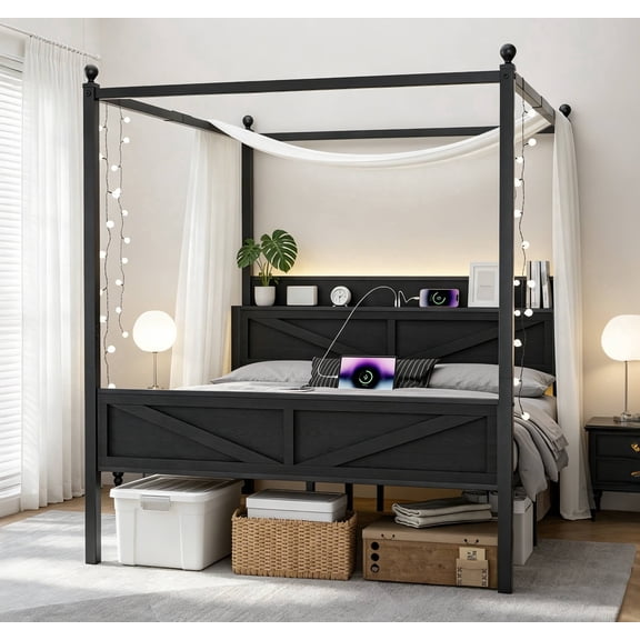 King Size Canopy Bed Frame with LED Lights & USB Charging Station, 4-Poster Bed Frame with Storage Headboard, Noise-Free Metal Support Structure, No Box Spring Needed, Easy Assembly, Black