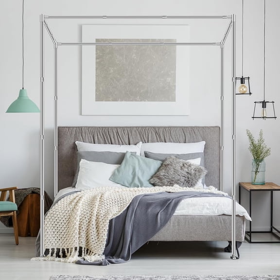 King Size Canopy Bed Frame Thickened Stainless Steel Poles, 4-Corner Sturdy Design, Compatible with Metal/Wood Beds, Ideal for Bedroom Decor