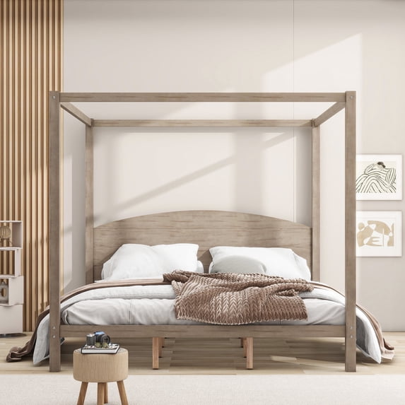 King Size Canopy Bed Frame, Wood Platform Bed with Headboard and Support Legs, Modern Four Poster Bed for Adults, Weight Capacity 700 Pounds, No Box Spring Needed, Brown