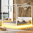 thumbnail image 1 of King Size Canopy Bed with LED Light, Wood Canopy Bed Frame with Support Slats, Canopy Platform Bed with Headboard for Bedroom, No Box Spring Needed, White, 1 of 7