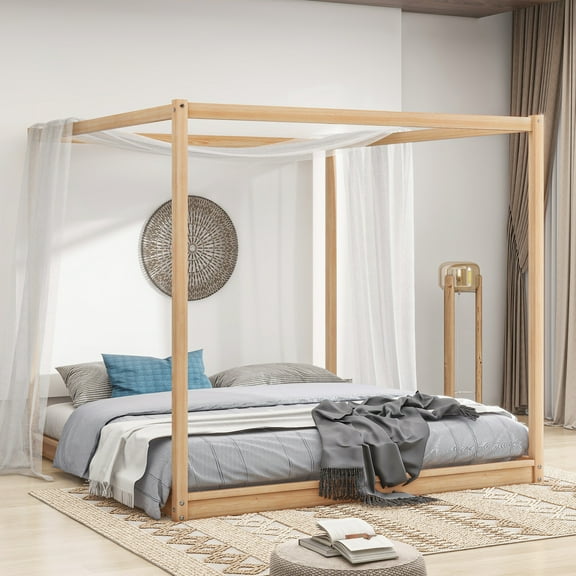 King Size Canopy Platform Bed In Natural - Supportive Legs For A Peaceful Sleep Bedroom Finish And Stable Design