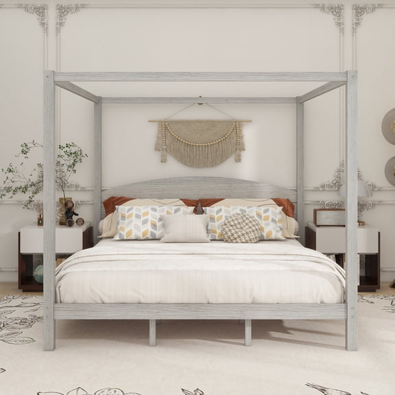 King Size Canopy Platform Bed with Headboard and Support Legs, Grey Wash