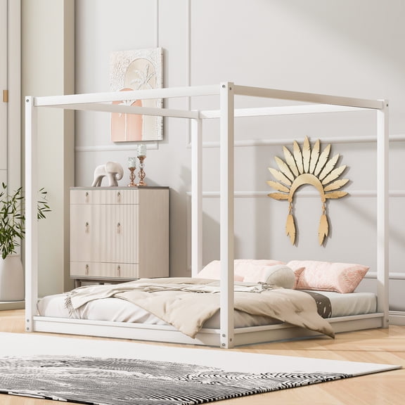 King Size Canopy Platform Bed with Support Legs, White