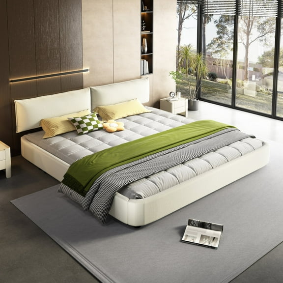 King Size Chenille Cloud Bed Frame - Oversized Padded Movable Headboard, Round Corner Design with Metal & Solid Wood Slat Support, No Box Spring Needed,Beige/White