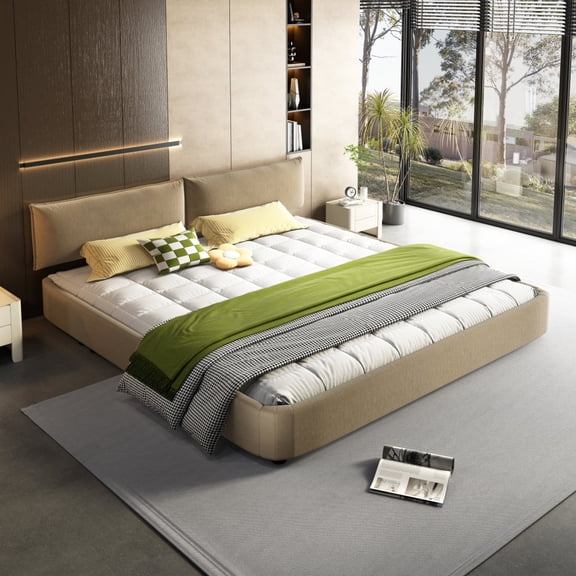 King Size Chenille Cloud Bed Frame - Oversized Padded Movable Headboard, Round Corner Design with Metal & Solid Wood Slat Support, No Box Spring Needed,Camel