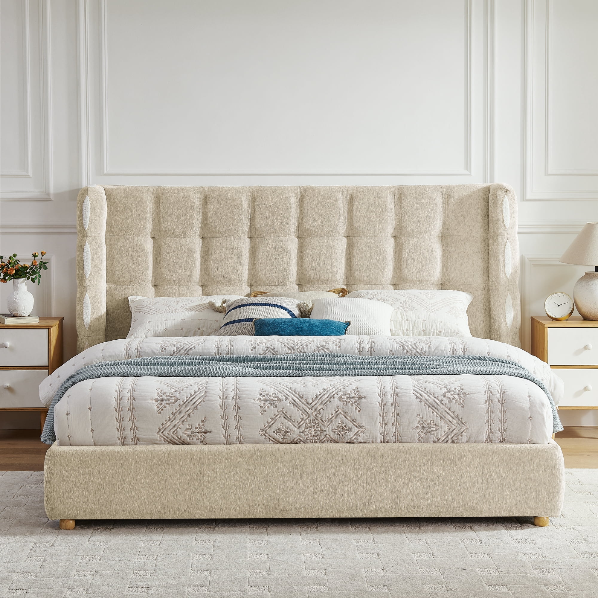 King Size Chenille Upholstered Platform Bed, Gas Lift Platform Bed with Under Bed Storage