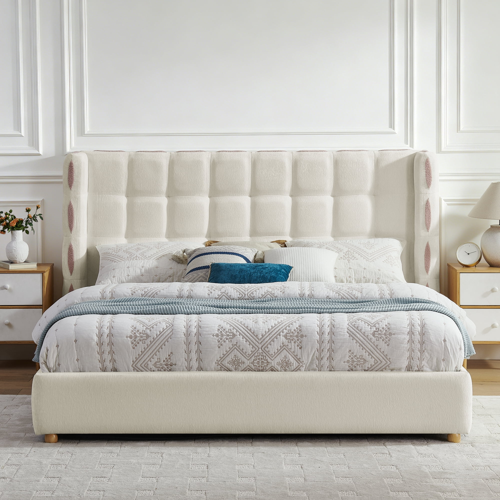King Size Chenille Upholstered Platform Bed, Gas Lift Platform Bed with Under Bed Storage