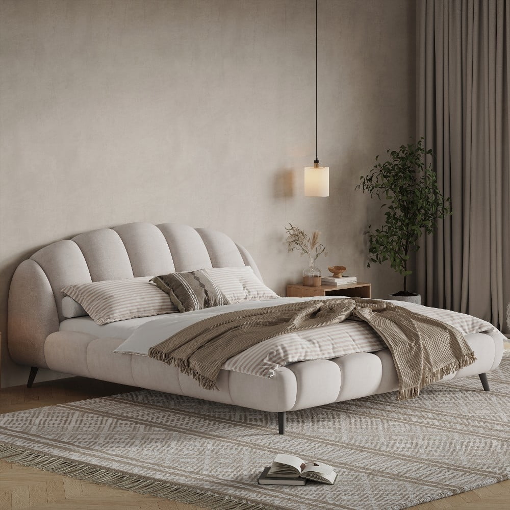 King Size Chenille Upholstered Platform Bed, Shell Design, Solid ...