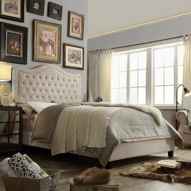 King Size Classical Bed Frame with Adjustable Button Tufted Headboard, Fabric Upholstered Platform Bed Frame for Bedroom, Strong Wooden Slat Support, Easy Assembly, Beige