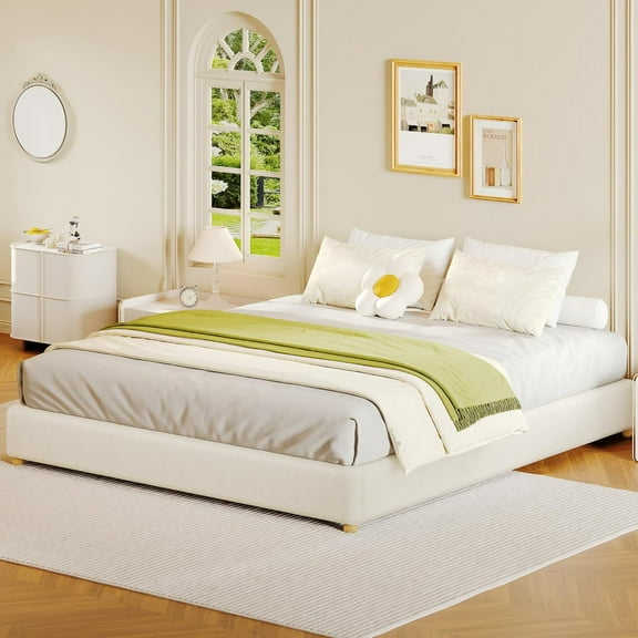 King Size Cloud Bed FrameTeddy Fleece Low Bed Frame Without Headboard, Thick Boucle Fabric Upholstered Platform Bed, Solid Wood Legs, No Box Spring Needed, Never Squeak, Easy Assembly, Cream