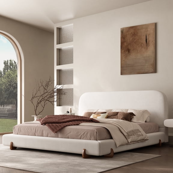 King Size Cloud Bed Frame, White Upholstered Platform Bed Frame with Soft Headboard, Wood Solid Legs, No Box Spring Required，Easy Assembly