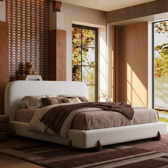 King Size Cloud Bed Frame, White Upholstered Platform Bed Frame with Soft Headboard, Wood Solid Legs, No Box Spring Required，Easy Assembly