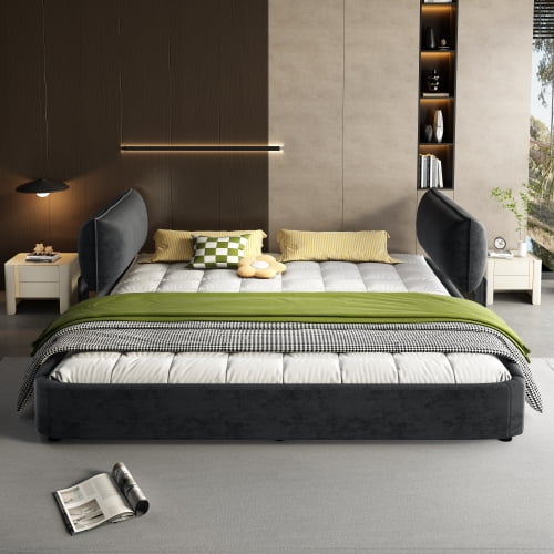 King Size Cloud Bed Frame with Oversized Movable Headboard, Chenille Upholstered Platform Bed with Metal and Solid Wood Slats for Bedroom, Dark Grey