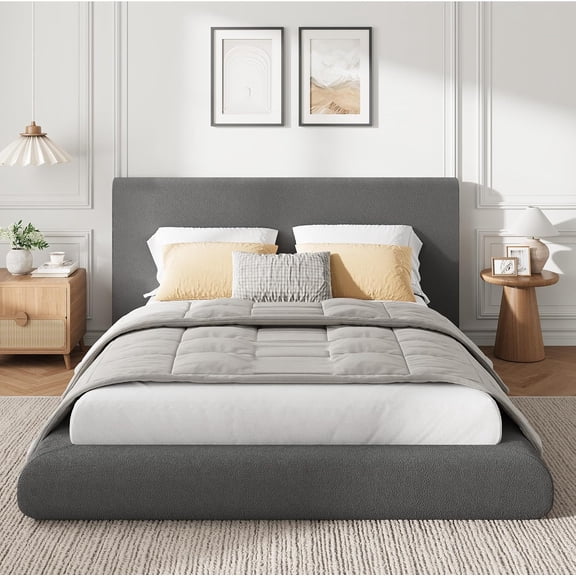 King Size Cloud Upholstered Platform Bed Frame With Soft Plush Fabric Padded Curved Headboard Reinforced Steel Slat Support No Box Spring Required,Easy Assembly