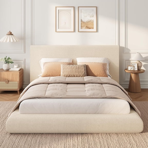 King Size Cloud Upholstered Platform Bed Frame With Soft Plush Fabric Padded Curved Headboard Reinforced Steel Slat Support No Box Spring Required,Easy Assembly