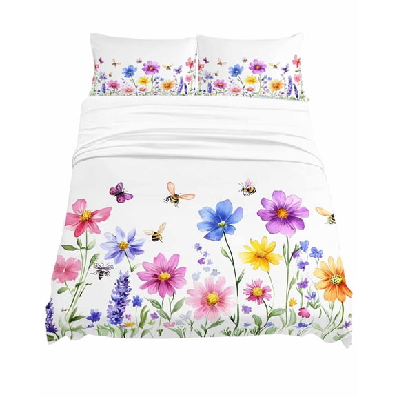 King Size Colorful Wildflower Sheet Sets Bee Butterfly Purple Blue Pink Plant Soft Breathable Microfiber Bed Sheets Deep Pockets 4 Piece Bed Sheets Set, 1 Fitted Sheet, 1 Flat Sheet & 2 Pillowcases