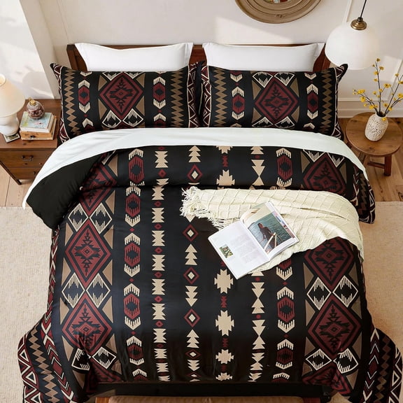 King Size Comforter Set – 3 Piece Black Red Boho Bedding, Western Southwestern Style Comforter Sets, Soft Lightweight Comforter for All Seasons