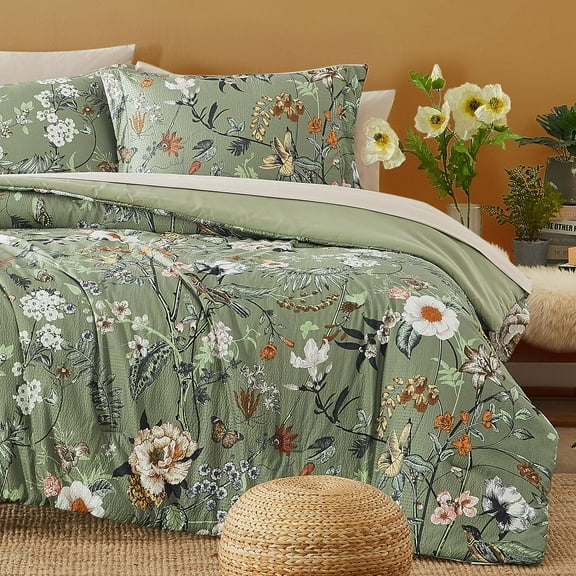 King Size Comforter Set, 7 PCS Green Floral Comforter Set with Flowers Leaves Pattern, Soft All Season King Bedding Set(102"X90")