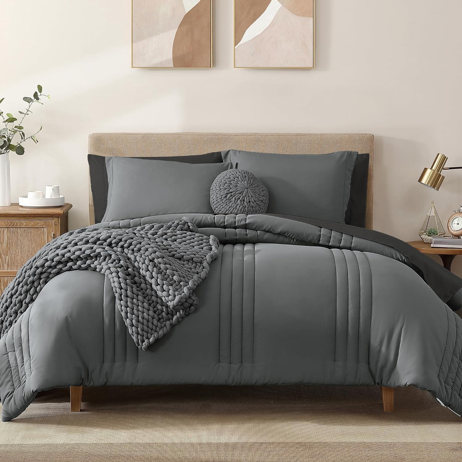 King Size Comforter Set - 7 Piece Bed in a Bag King, Grey Bedding Set ...