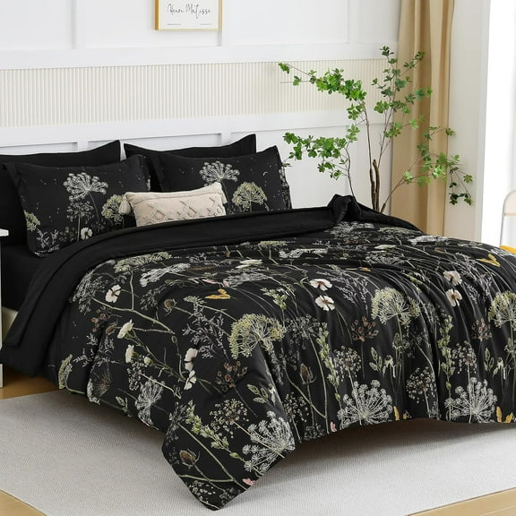King Size Comforter Set, 7 Piece Comforter Floral Black Green Bedding Set, Soft Bed in a Bag King, Comforter, Sheets, Pillowcases & Shams
