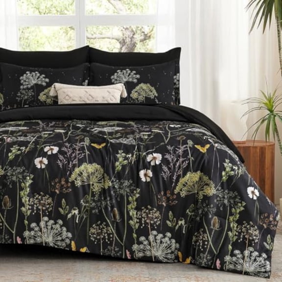 King Size Comforter Set 7 Piece Comforter Floral Black Green Bedding Set Soft Bed in a Bag King Comforter Sheets Pillowcases Shams