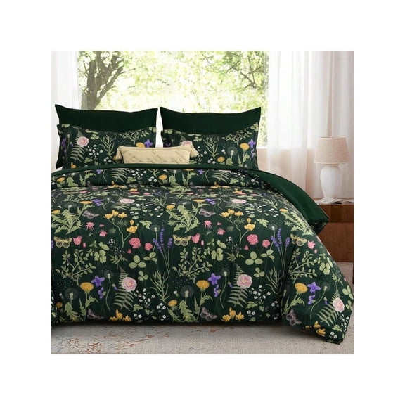 King Size Comforter Set 7 Piece Dark Green Floral Bedding Set Bed In A Bag King With Botanical Flowers Pattern Soft Microfiber Complete Bedding Set With Sheets For All Season