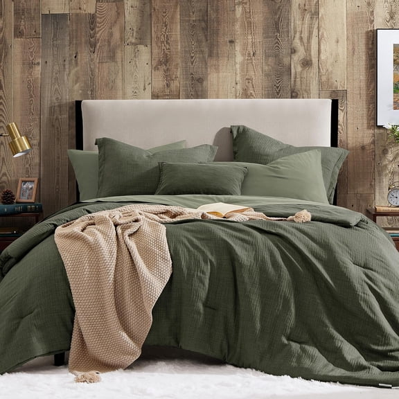 King Size Comforter Set- 7 Piece Dark Green Textured King Bedding Set, Soft Solid Bed in a Bag for All Season, King Comforter Set with Sheets(Dark Green,102''x90'')