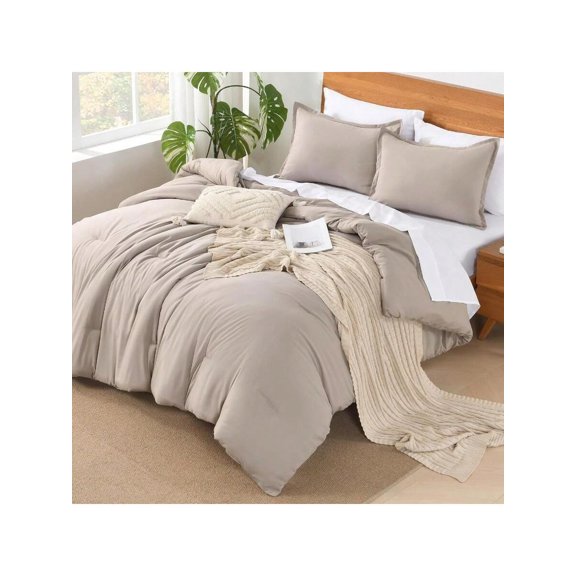 King Size Comforter Set 7 Pieces Bed In A Bag King Bedding Comforter Sets Oatmeal Winter Solid Soft Lightweight Comforter With Fitted Sheets Flat Sheets Pillowcases Shams
