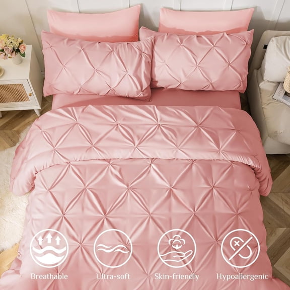 King Size Comforter Set 7 Pieces - Bed in a Bag King for All Season, Pintuck Bedding Comforter Sets with Comforter, Flat Sheet, Fitted Sheet and Pillowcases & Shams, Pink