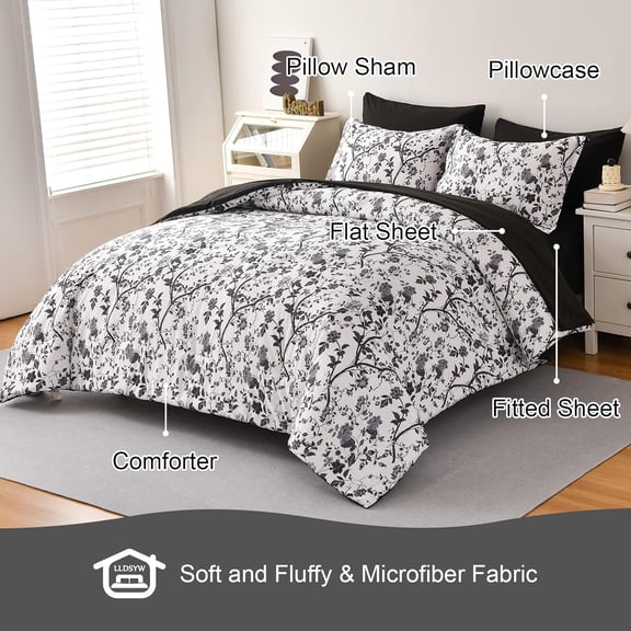 King Size Comforter Set - 7 Pieces Bed in a Bag Soft Microfiber Bedding Comforter Set Leaves Floral Pattern on White Comforter Sets with Sheets for All Seasons (King, Black)
