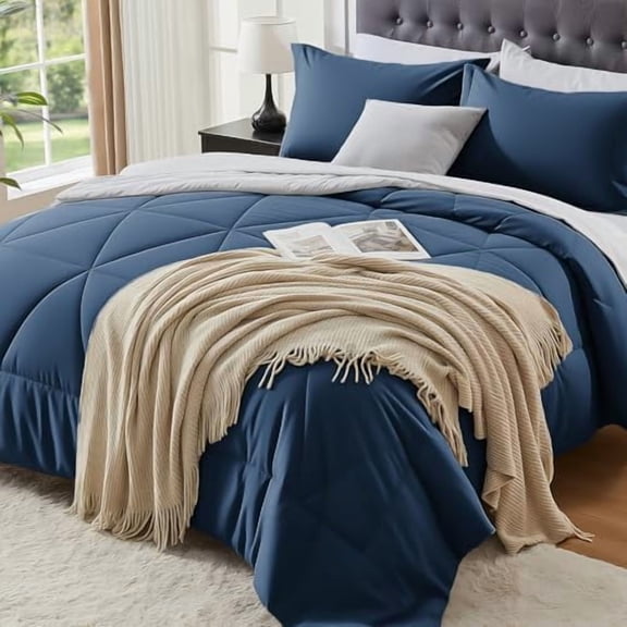 King Size Comforter Set 7 Pieces Bed in A Bag - Soft Microfiber Reversible Calm Blue Bed Set with Comforters, Sheets, Pillowcases & Shams, Cozy Luxury Bedding Sets for All Season