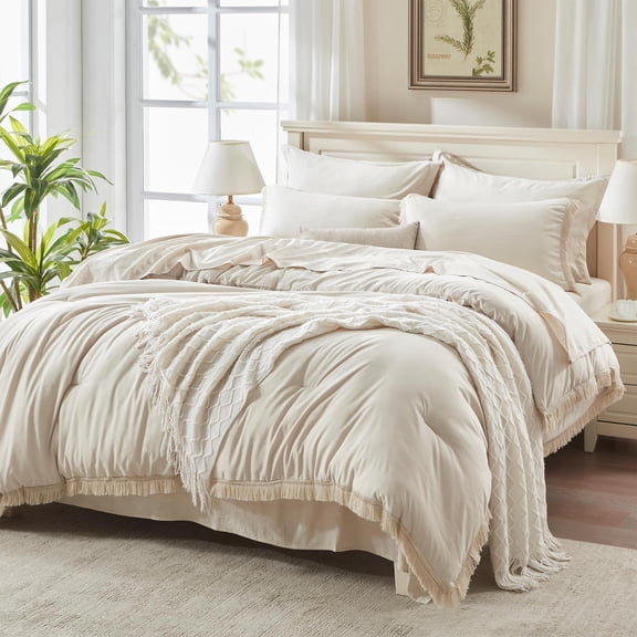 King Size Comforter Set 7 Pieces Beige Bed In A Bag Fluffy Boho Tassel Cream Fringe Bedding With Quilt Sheets Pillowcases & Shams