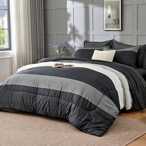 King Size Comforter Set 7 Pieces - Black White Striped Bed in a Bag, Soft Microfiber Patchwork All Season Bedding Set with Comforter, Fitted & Flat Sheet, Pillowcases & Shams