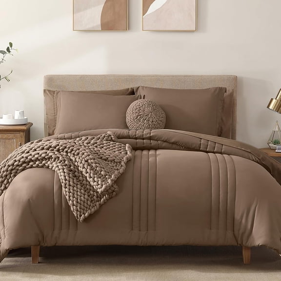 King Size Comforter Set-7 Pieces Brown Soft Bed in a Bag King Bedding Sets | All-Season Vertical Quilted Comforter with Sheets, Pillow Shams & Pillowcases